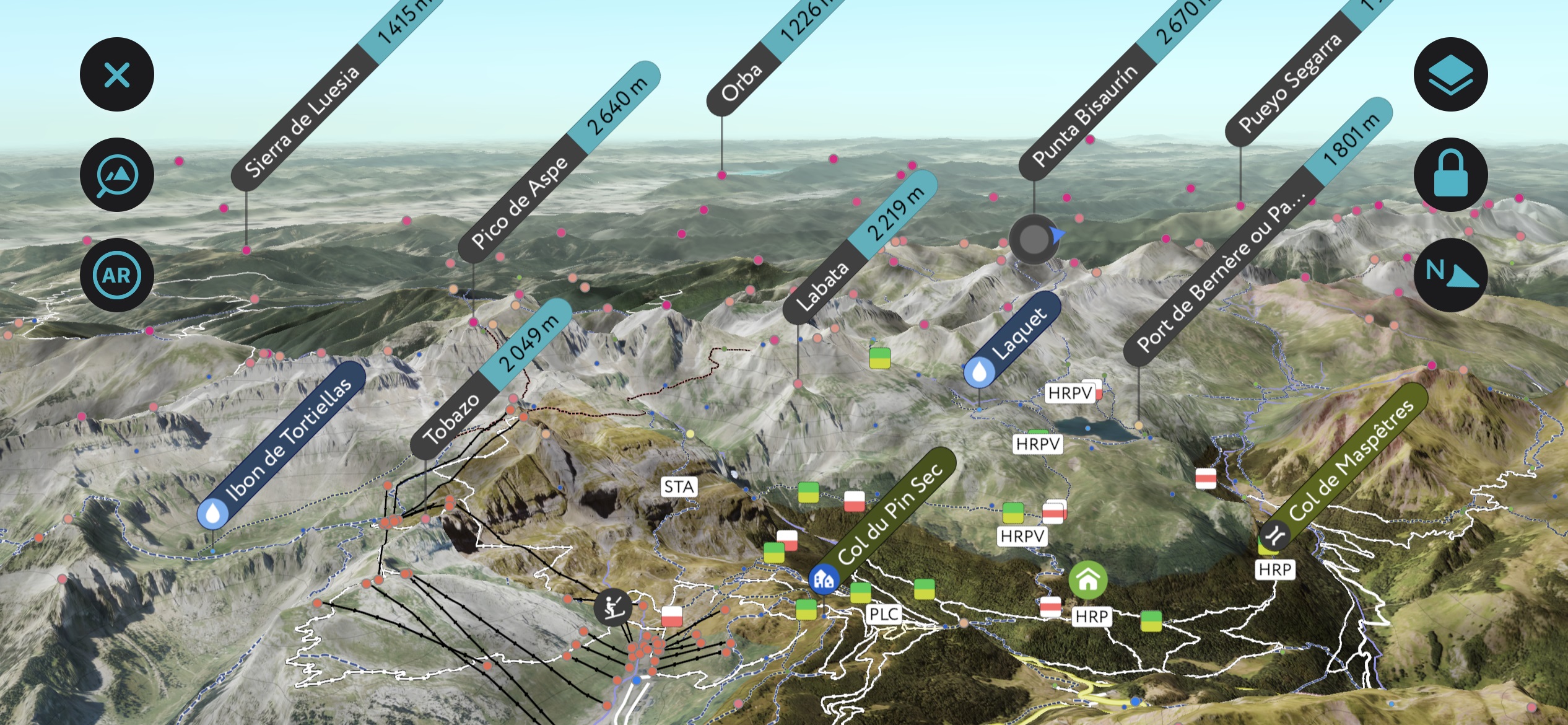 The PeakVisor mobile app’s 3D generation of the Valles Occidentales Natural Park. Aragon