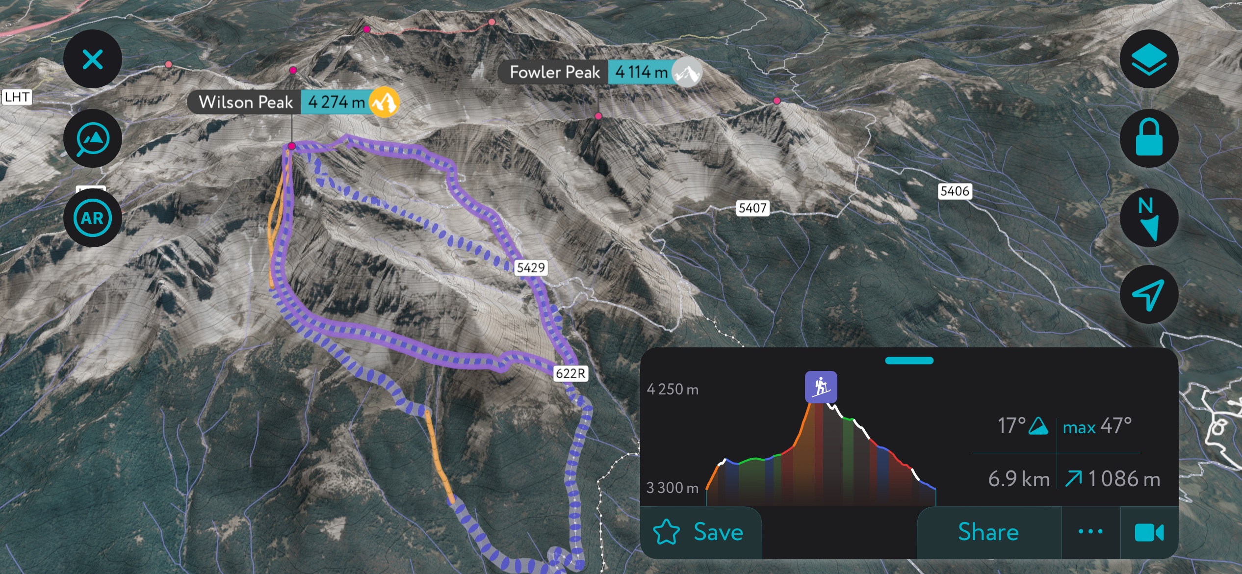 Wilson Peak routes on the PeakVisor app. In addition to the Coors Face, the Northwest Couloir drops from just below the summit (the route in between the highlighted loop). Backcountry Telluride