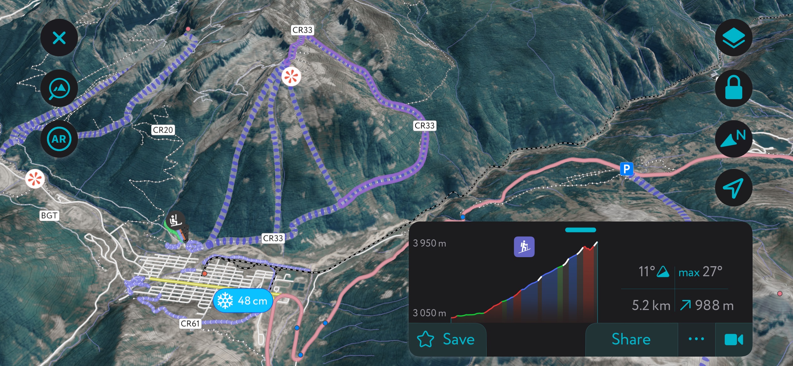 The approach for Kendall and three descent options shown on PeakVisor. Backcountry Telluride