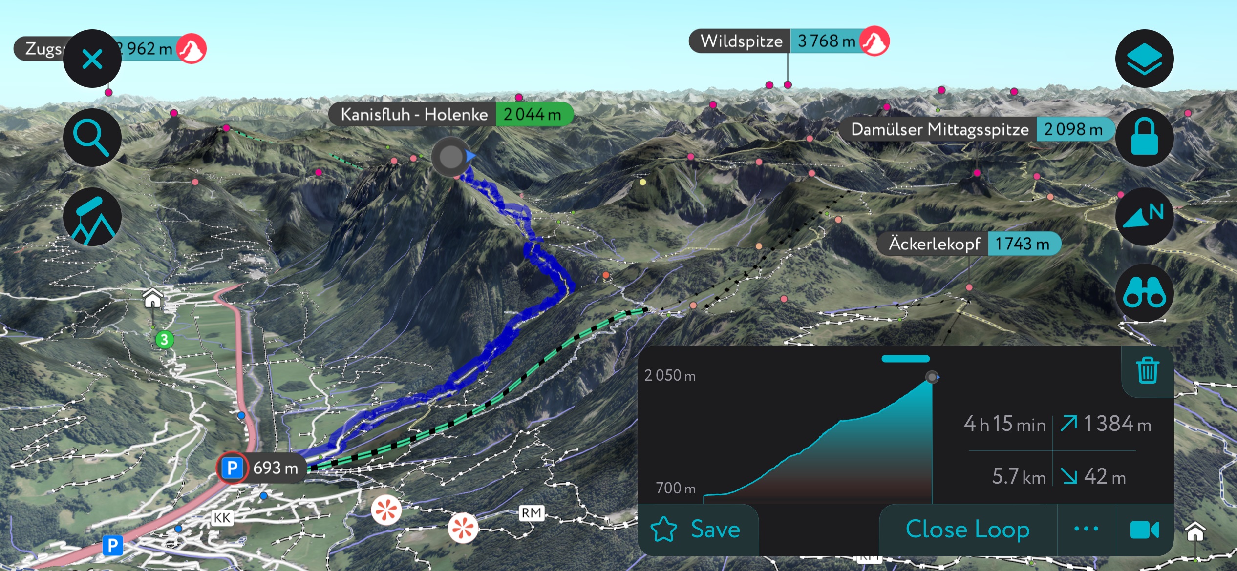 The route up Kanisfluh on the PeakVisor app. Bregenz Forest Mountains