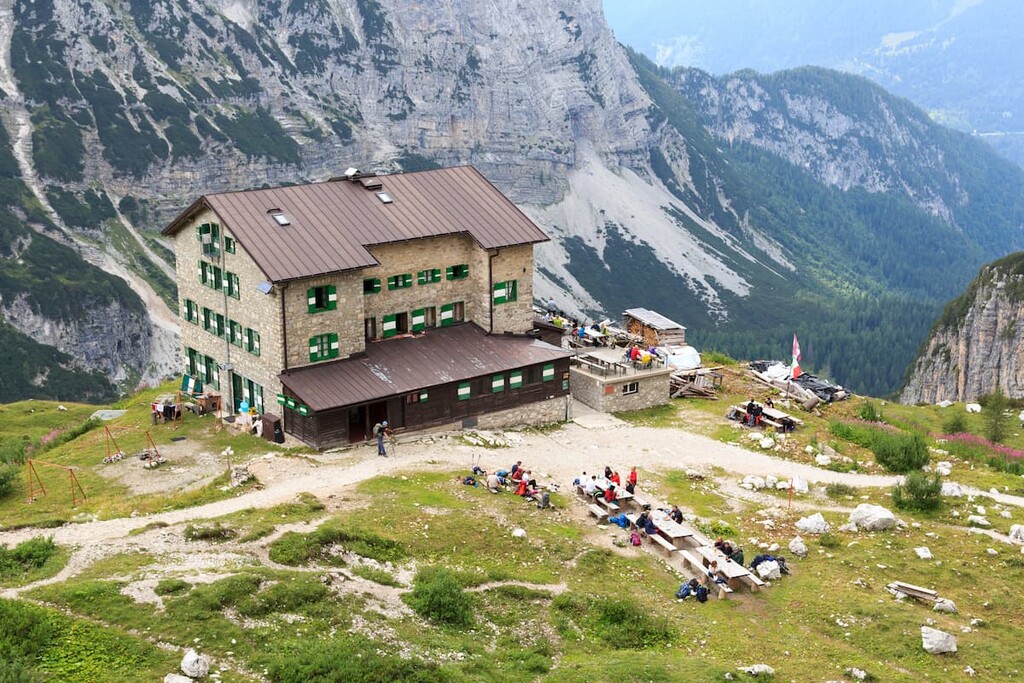 Alpine hut Rifugio Brentei , Brenta group, Italy