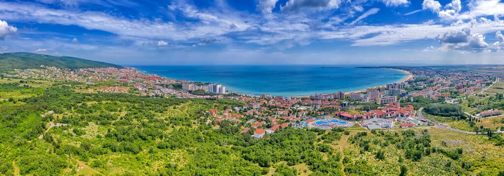 Amazing aerial panorama drone view of bay Sunny Beach, Nessebar, and Sveti Vlas, Bulgaria