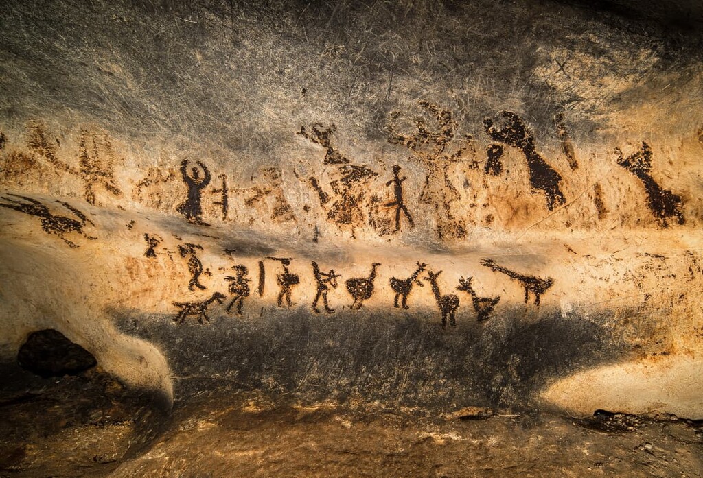 Prehistoric art wall painting in neolithic cave Magura, Bulgaria