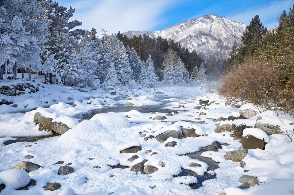 Winter landscape with a mountain river, Buryatia