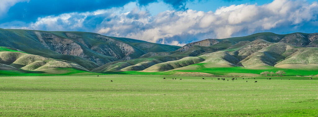 Central California agricultural countryside with green hills, California