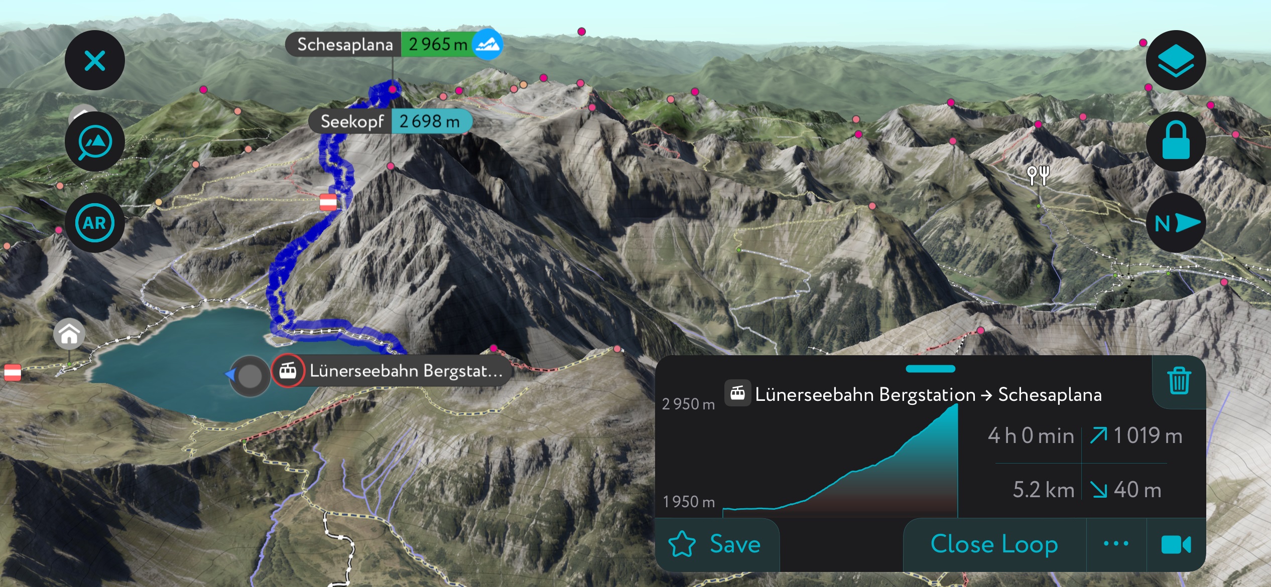 A generation of the route up Schesaplana using PeakVisor’s mobile app. Climbing Schesaplana