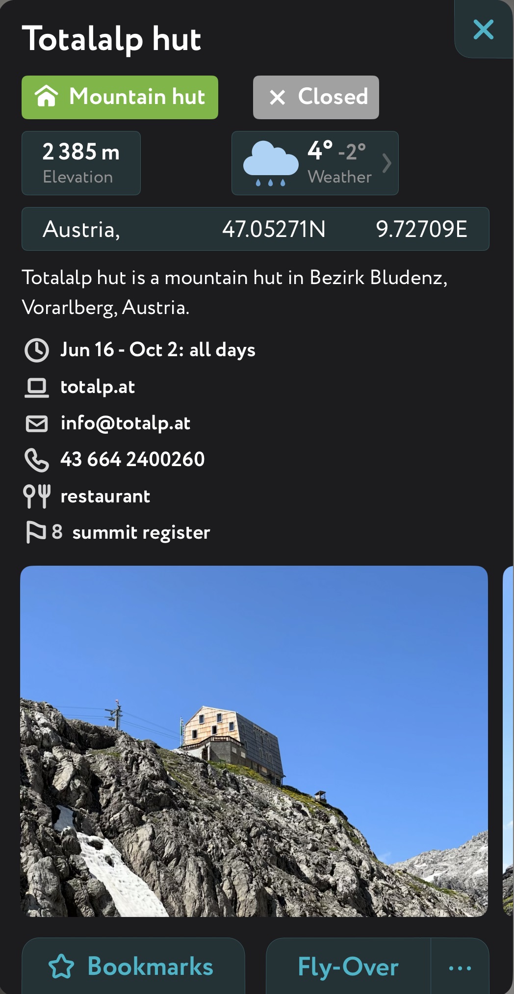 The PeakVisor App information panel for everything you need to know about the Totalphütte. Climbing Schesaplana