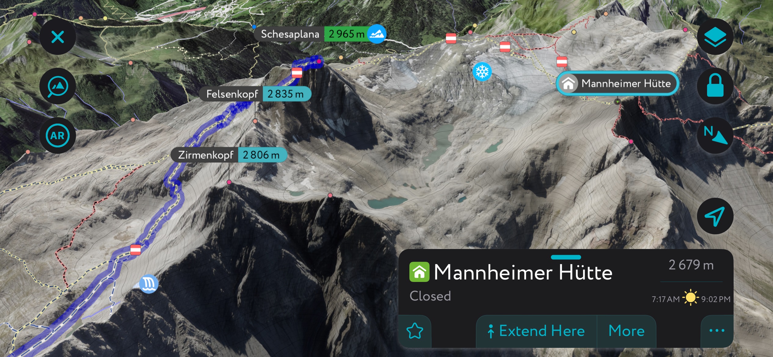 The Mannheimer on the PeakVisor App. Climbing Schesaplana