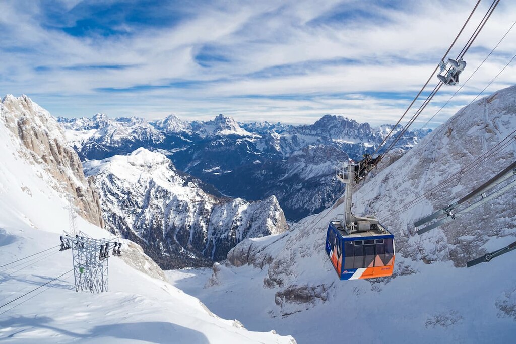 Cable car that runs to the Marmolada glacier, Dolomites 