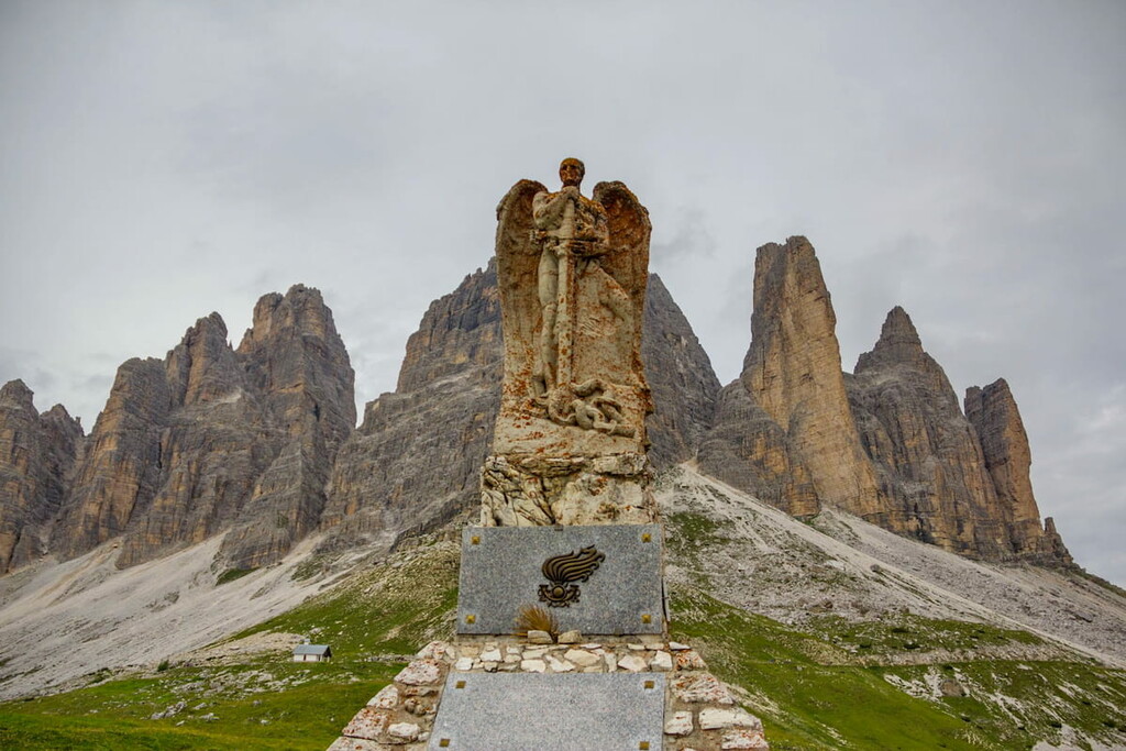 Memorial monument and Tre Cime di Lavaredo, Italy