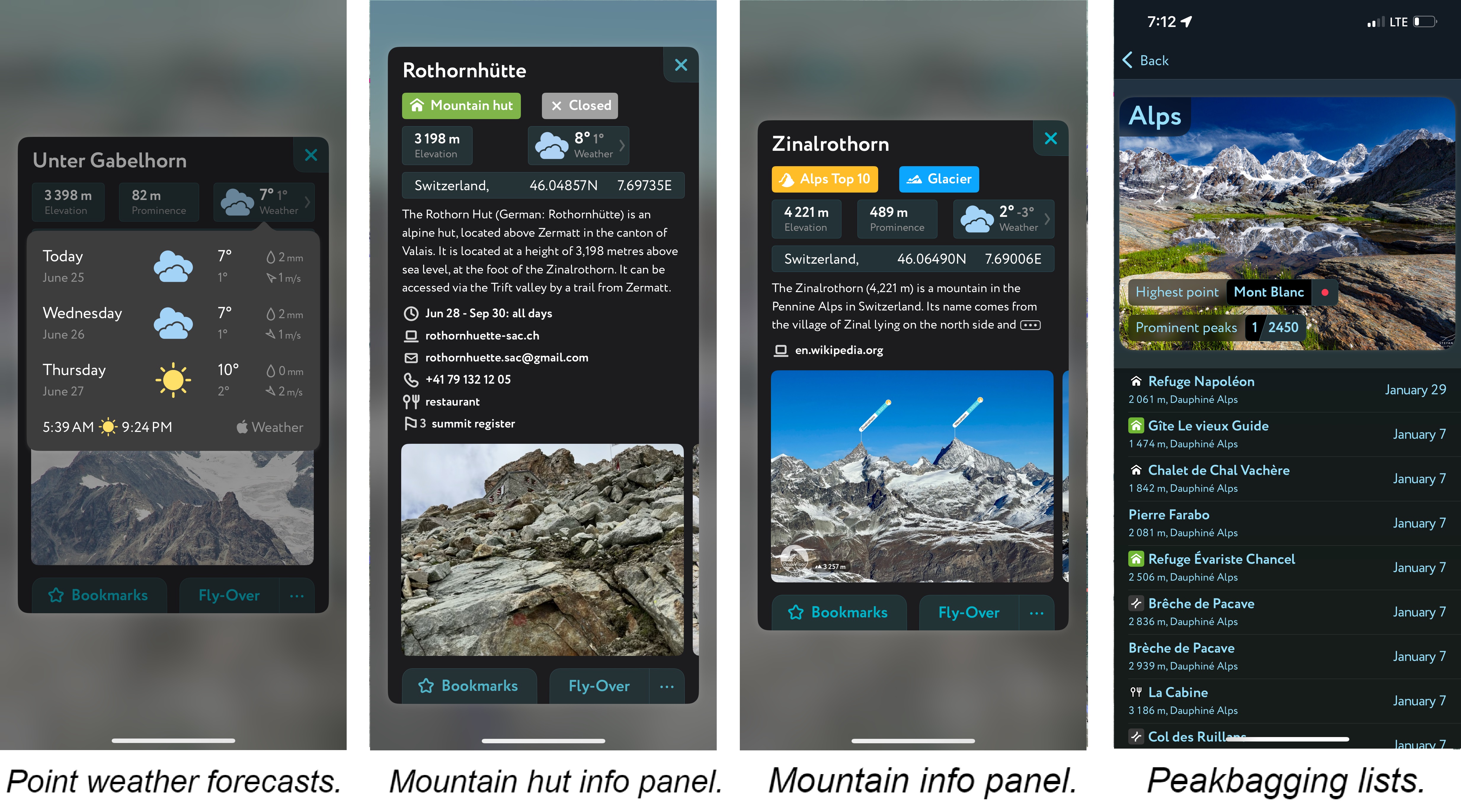 Point weather forecasts.	     Mountain hut info panel.     Mountain info panel.	 Peakbagging lists. FATMAP Replacement
