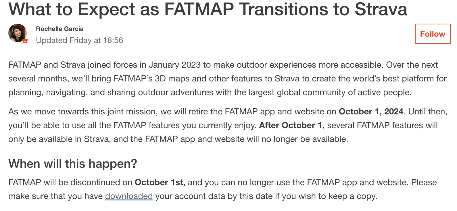 Strava/FATMAP transition page. FATMAP Replacement