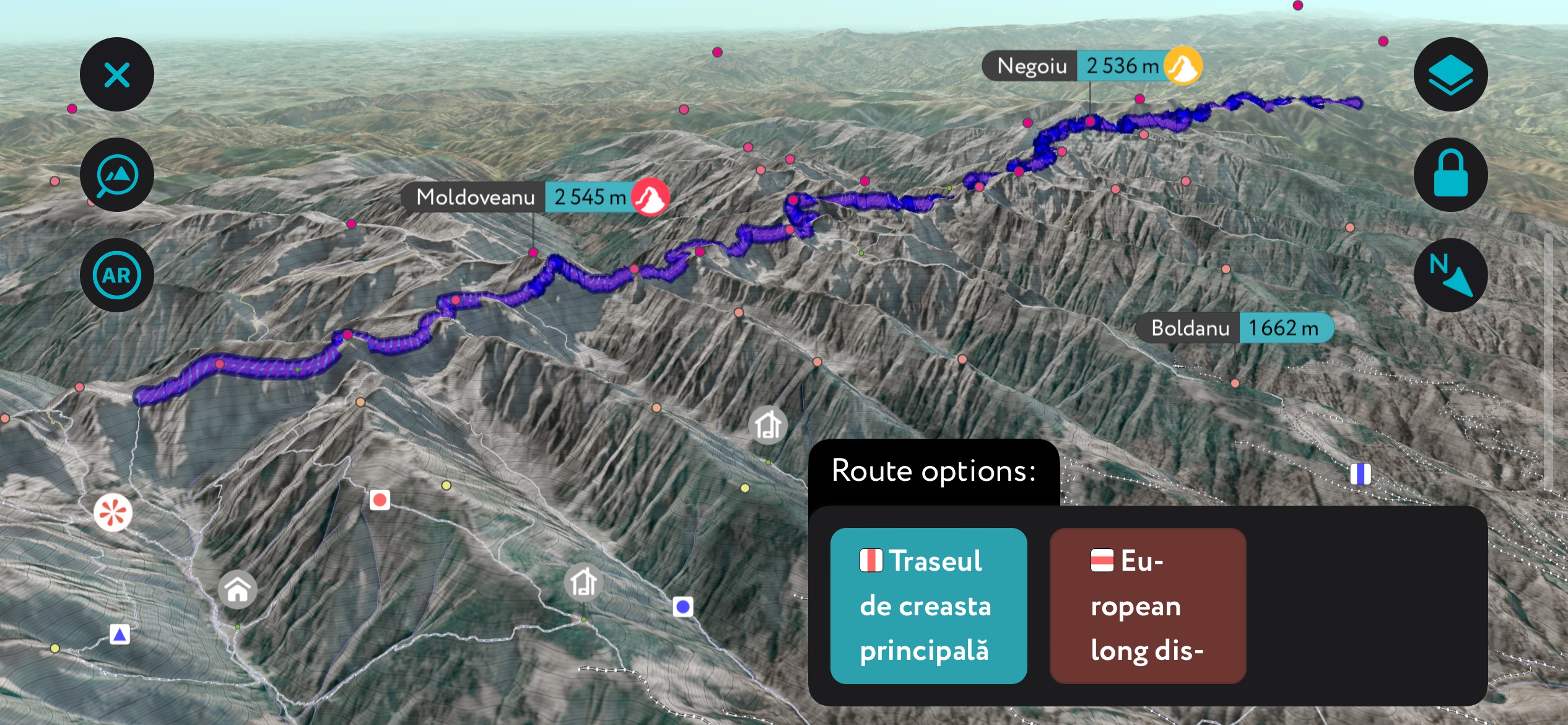 A generation of the Făgăraș high ridge traverse on PeakVisor’s mobile app. Fagaras Mountains