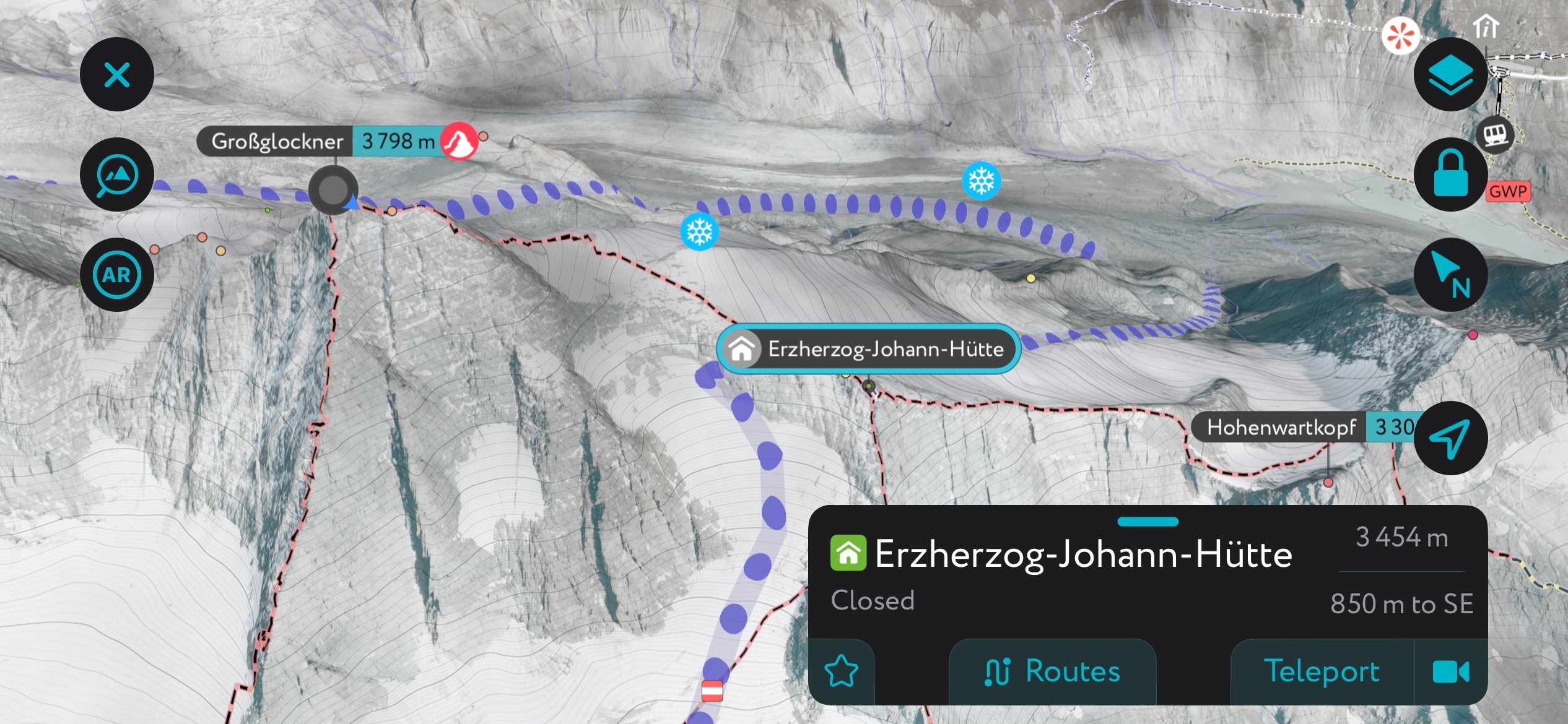 The PeakVisor App offers information on nearly all mountain huts in the Alps and beyond. Glockner Group