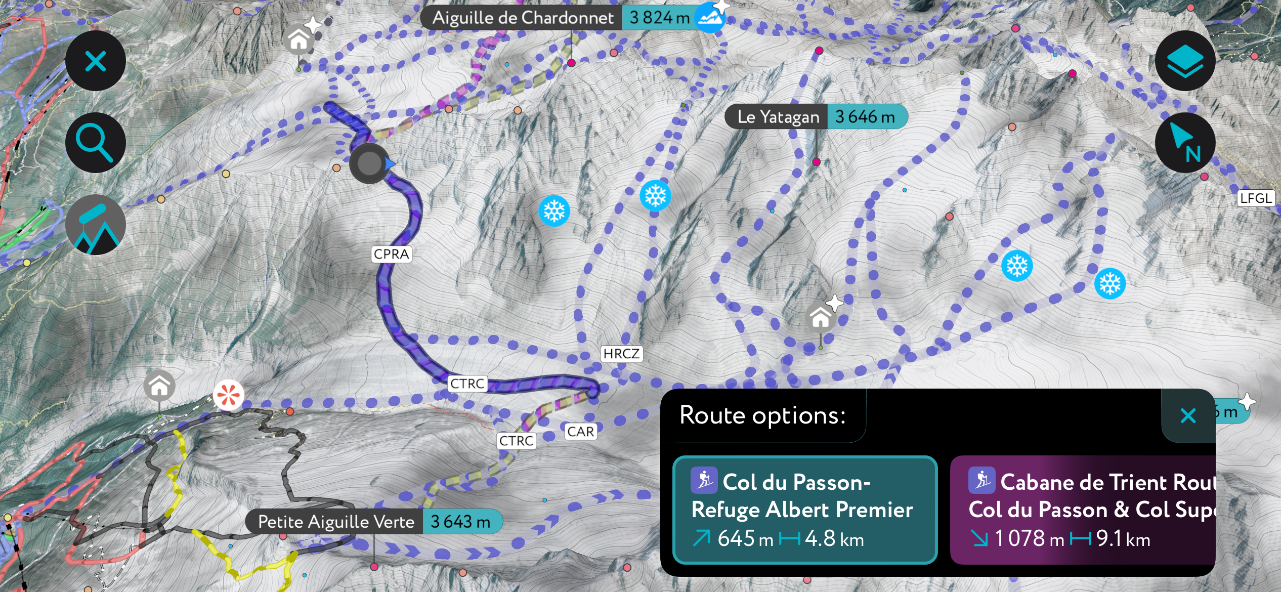 Col du Passon on the PeakVisor app. Grands Montets