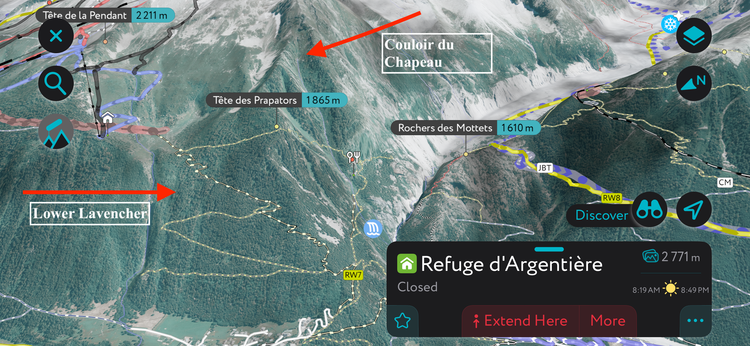 Lavancher and Chapeau on the PeakVisor app. Grands Montets