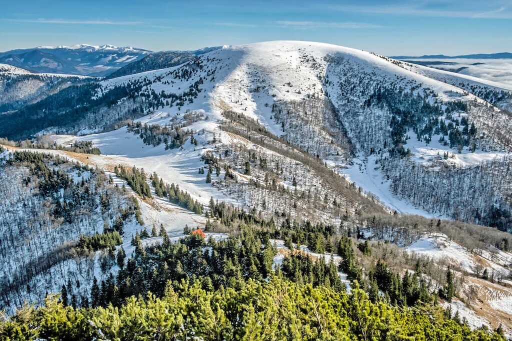 Ploska hill with mountain hut from Borisov, Great Fatra, Slovakia