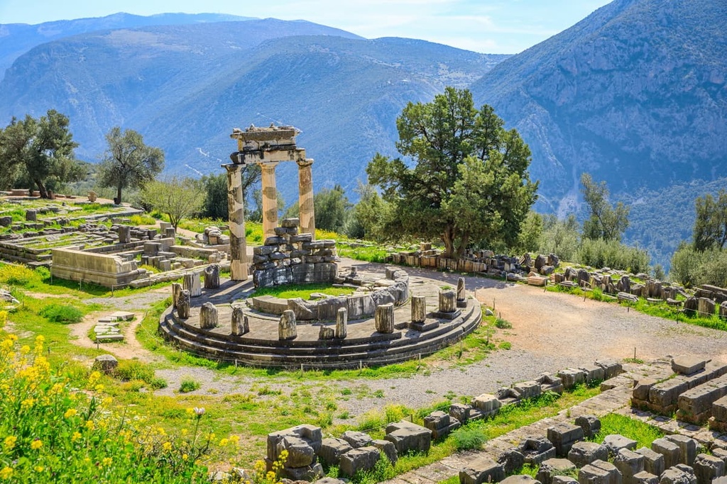 Delphi is a town on Mount Parnassus, Greece