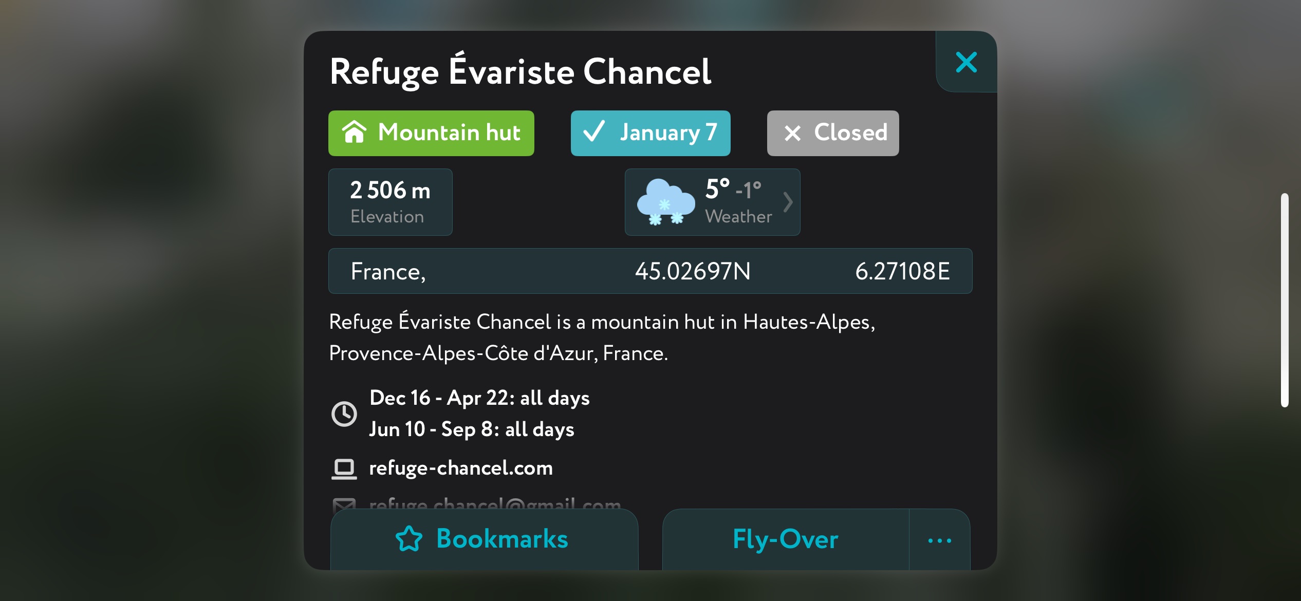 The information panel for mountain huts on the PeakVisor app. Hiking Season