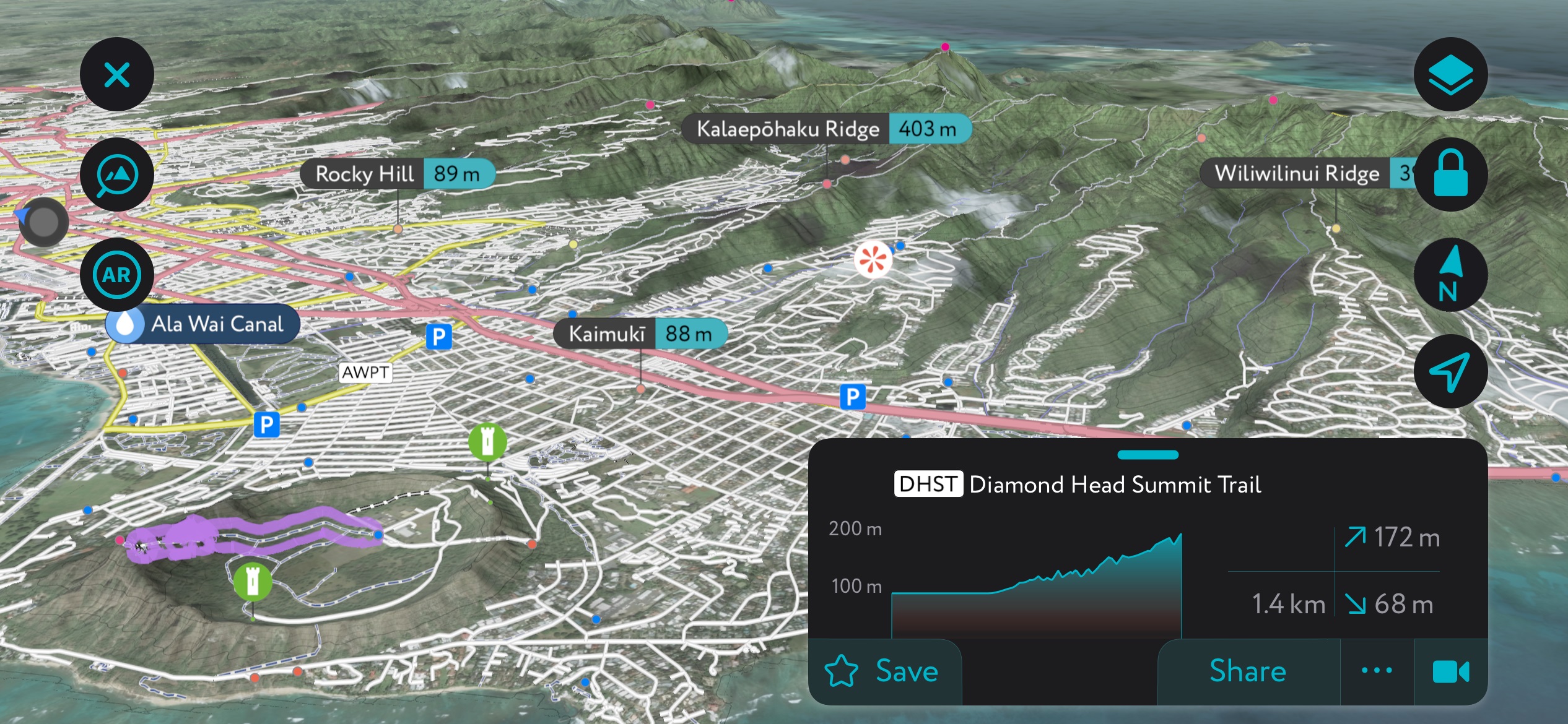 Diamond Head using PeakVisor’s mobile app. Honolulu County