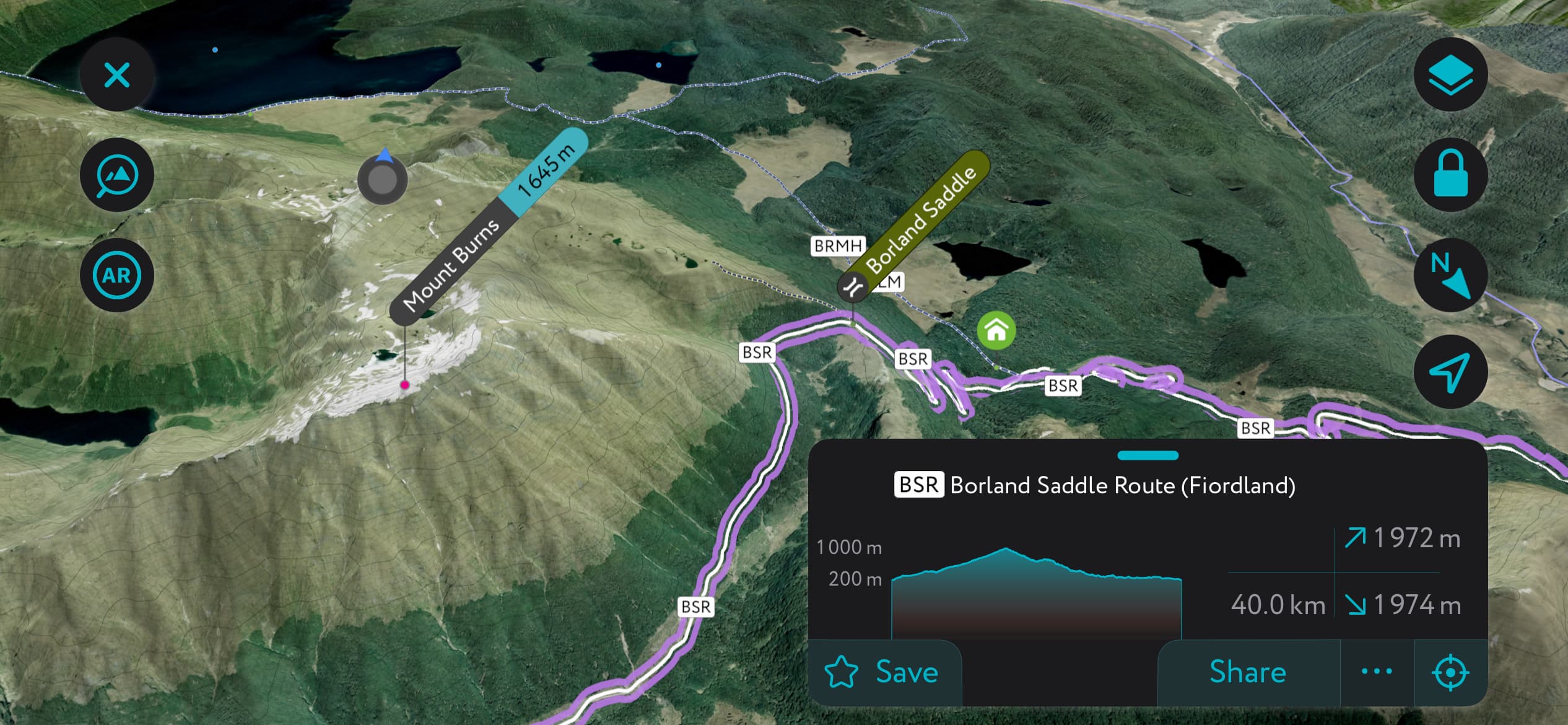 Borland Saddle Route, PeakVisor app, Hunter Mountains, New Zealand