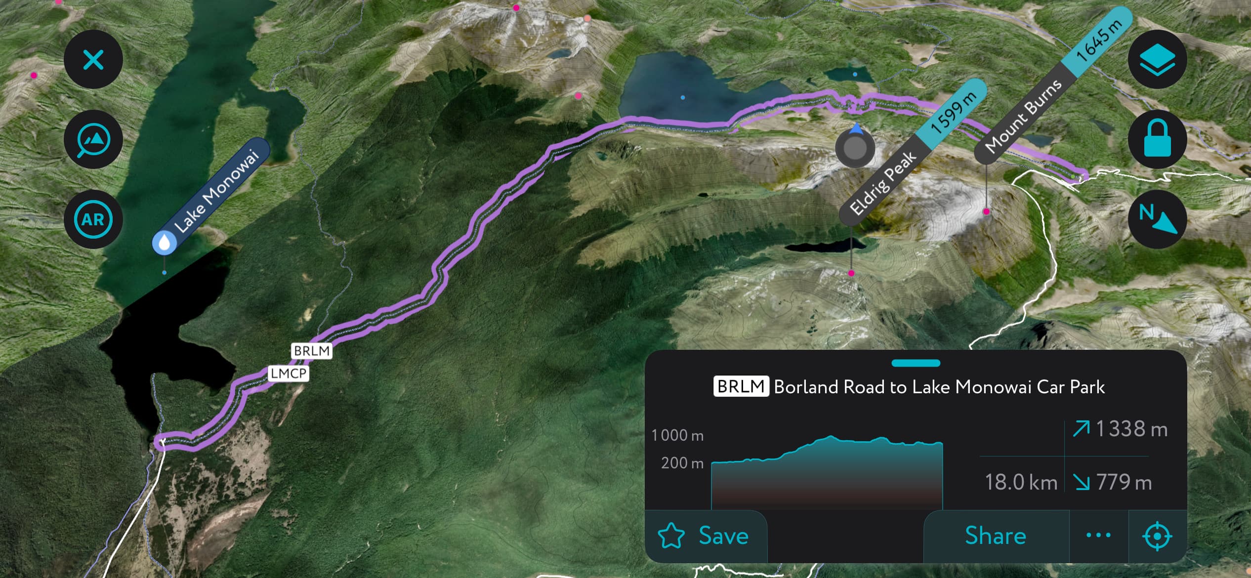 Green Lake Track, PeakVisor app, Hunter Mountains, New Zealand