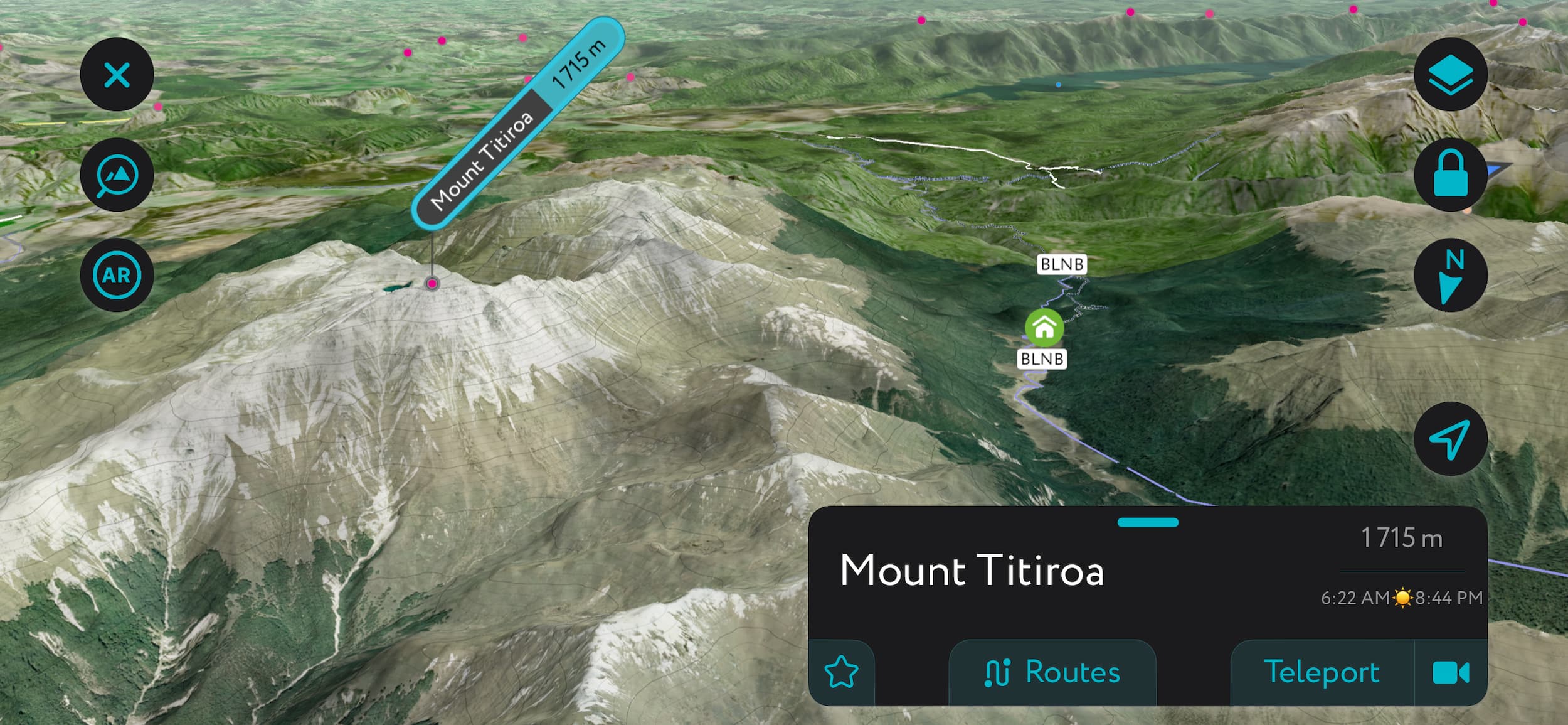 Mount Titiroa, PeakVisor app, Hunter Mountains, New Zealand