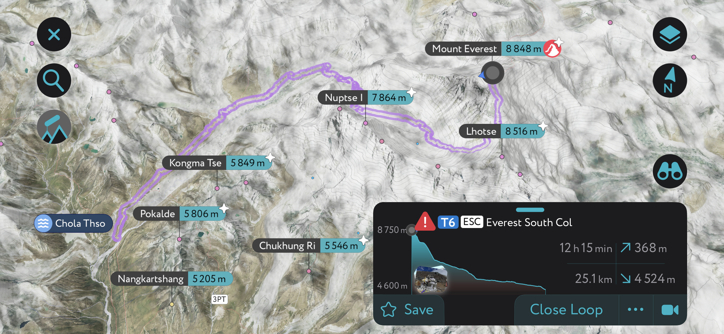 The South Col route up Everest on the PeakVisor App. The main route on the Nepalese side, the South Col is by far the most popular with commercial guided parties.  Raises Everest Permit Price