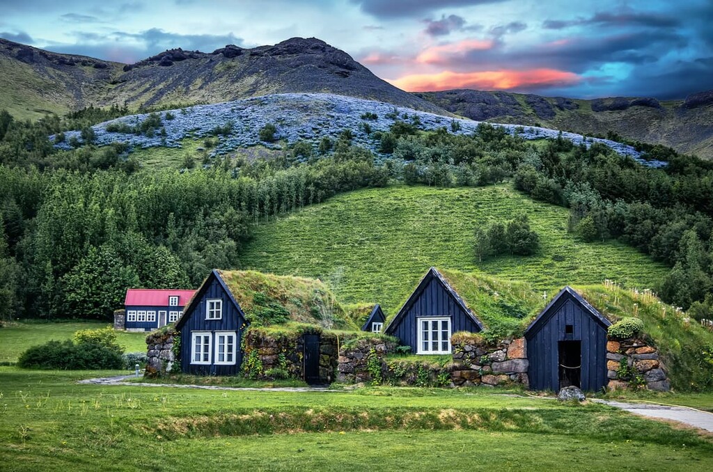 Traditional old houses with grass on roof, Iceland