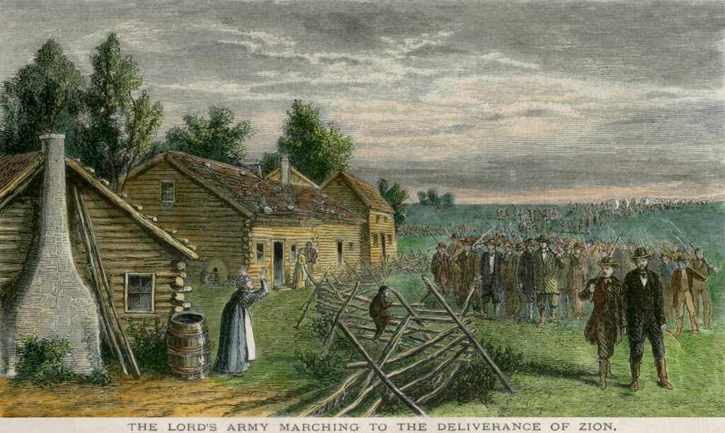 Mormon pioneers and wagons on the 1300-mile-long 'Mormon Trail' from Nauvoo Illinois