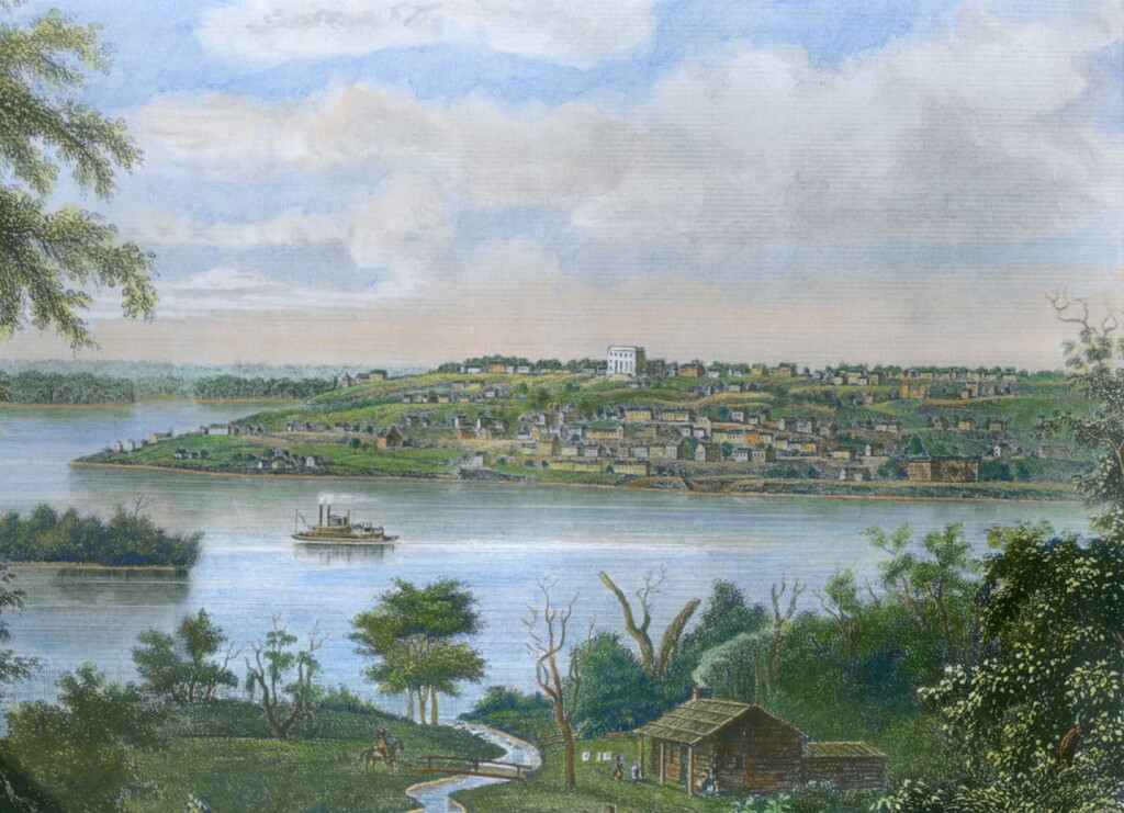 Nauvoo Illinoison the Mississippi River was Mormon headquarters from 1839 to 1846 Illinois