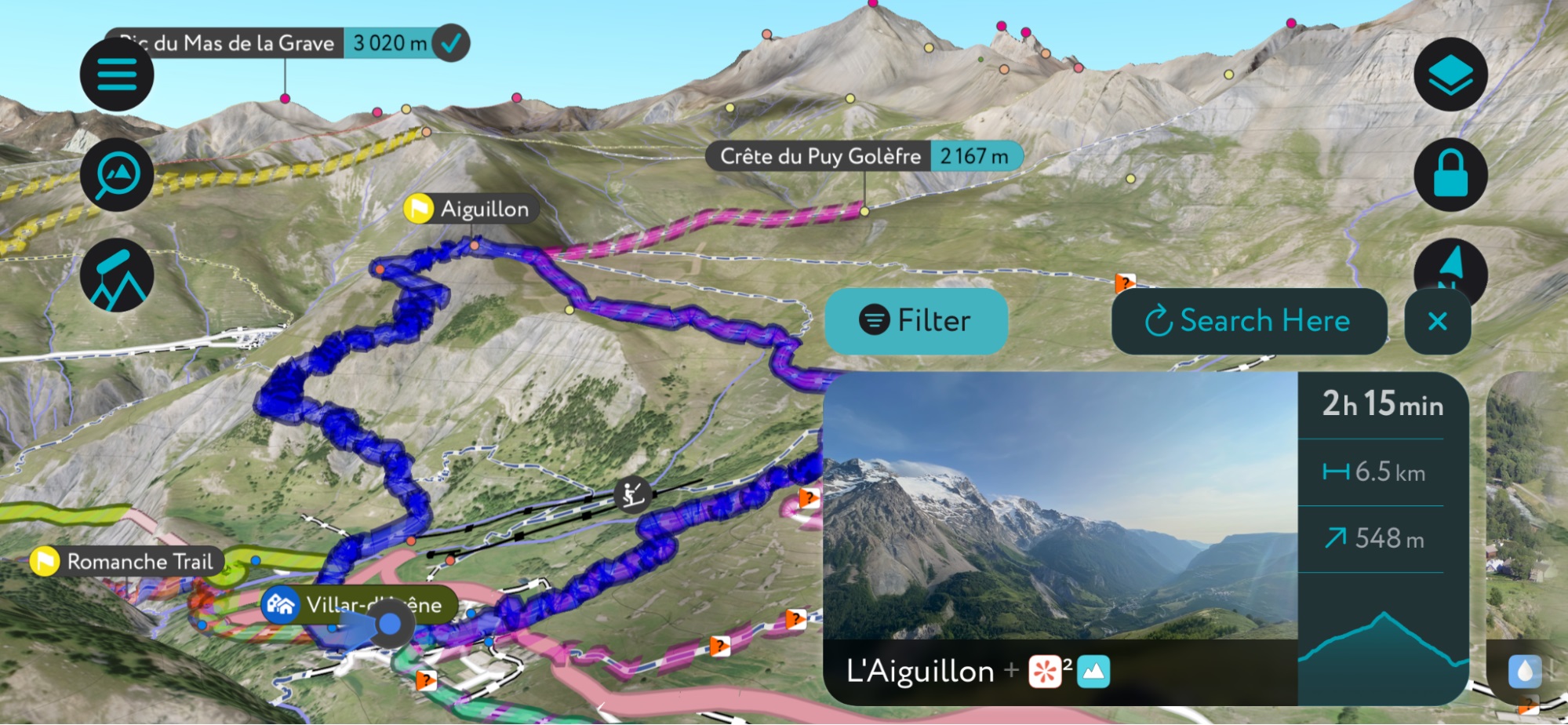 L'application PeakVisor a choisi l'Aiguillon comme premier sentier lorsque j'ai sélectionné Trails From Here.