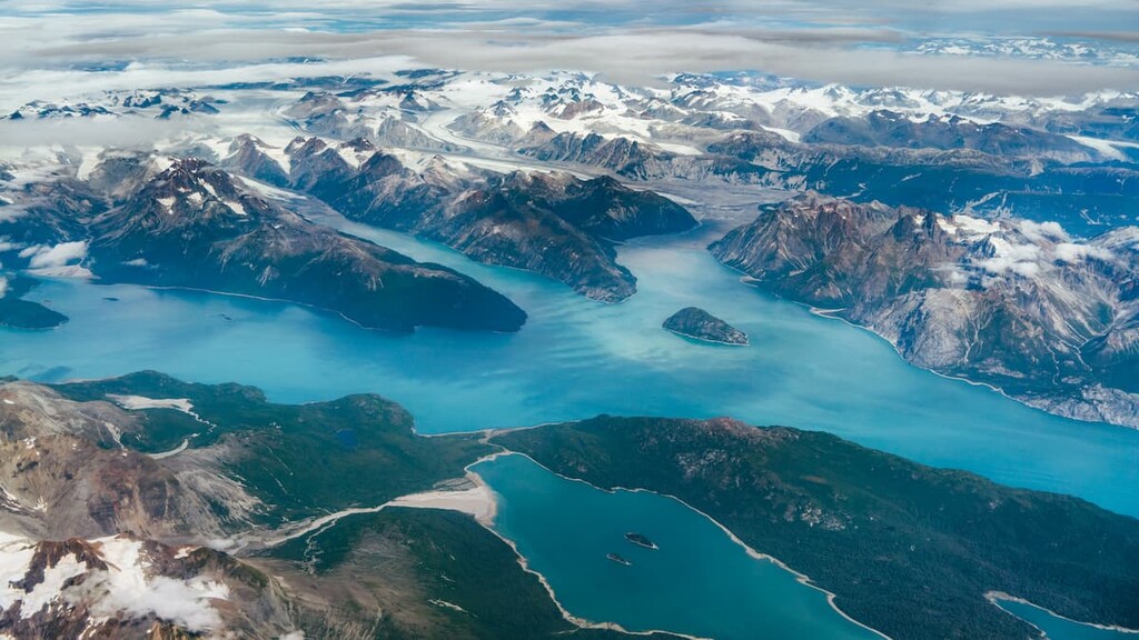 Beautiful aerial view of the fjords while flying from Anchorage to Juneau in Alaska, Coast Mountains