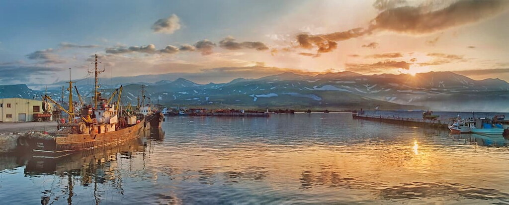 Panoramic view of seaport in Severo-Kurilsk, island Paramushir, Kuril Islands
