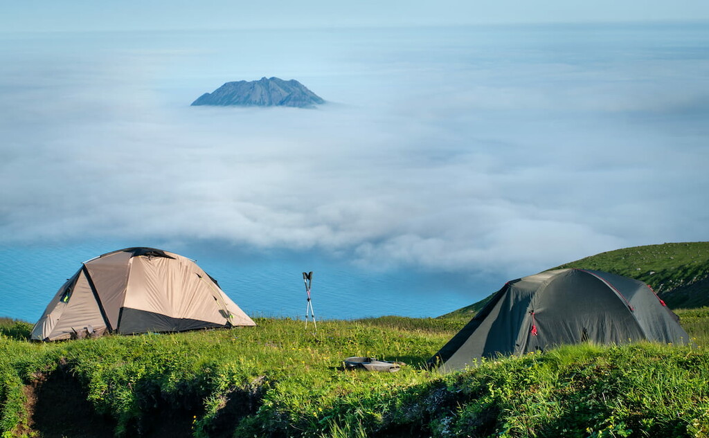 Tourist tents in the mountains, Paramushir Island, Kuril Islands