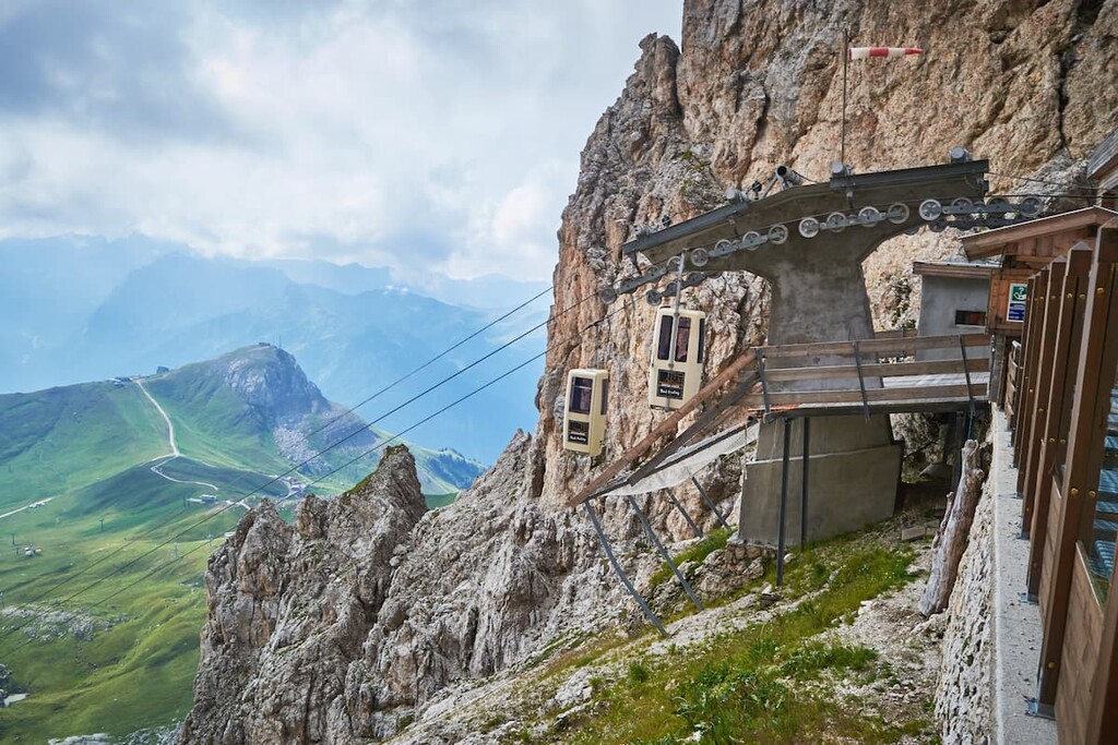 Sassolungo old cable car, Langkofel group, Italy