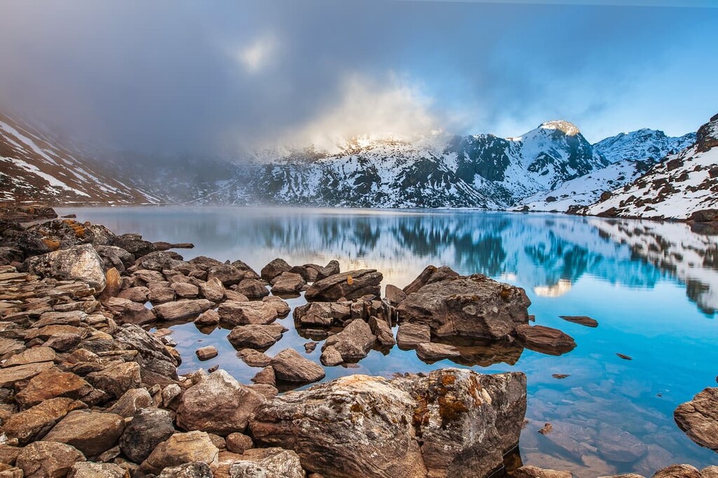 Stone coast of sacred Hindu Gosainkunda lake, Langtang National Park