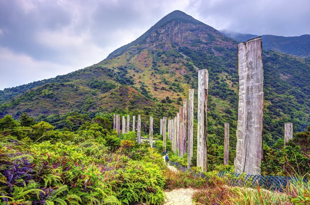Steles containing centuries old sutra along Wisdom path at the hills of Ngong Ping, Lantau South Country Park, Hong Kong