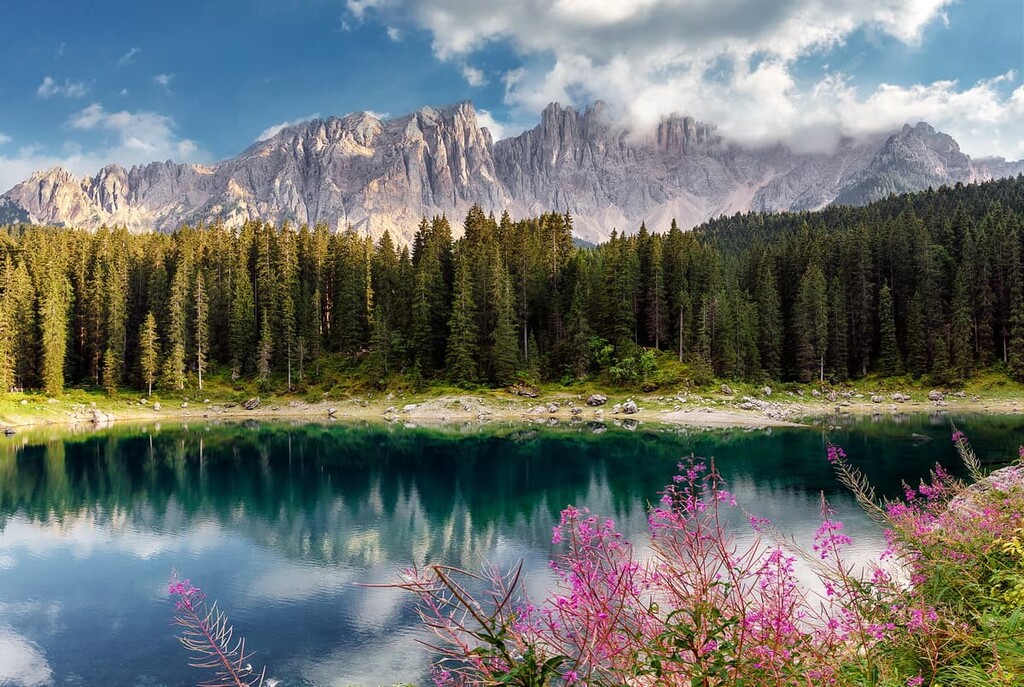Lake Carezza with Mount Latemar, Dolomites, Italy