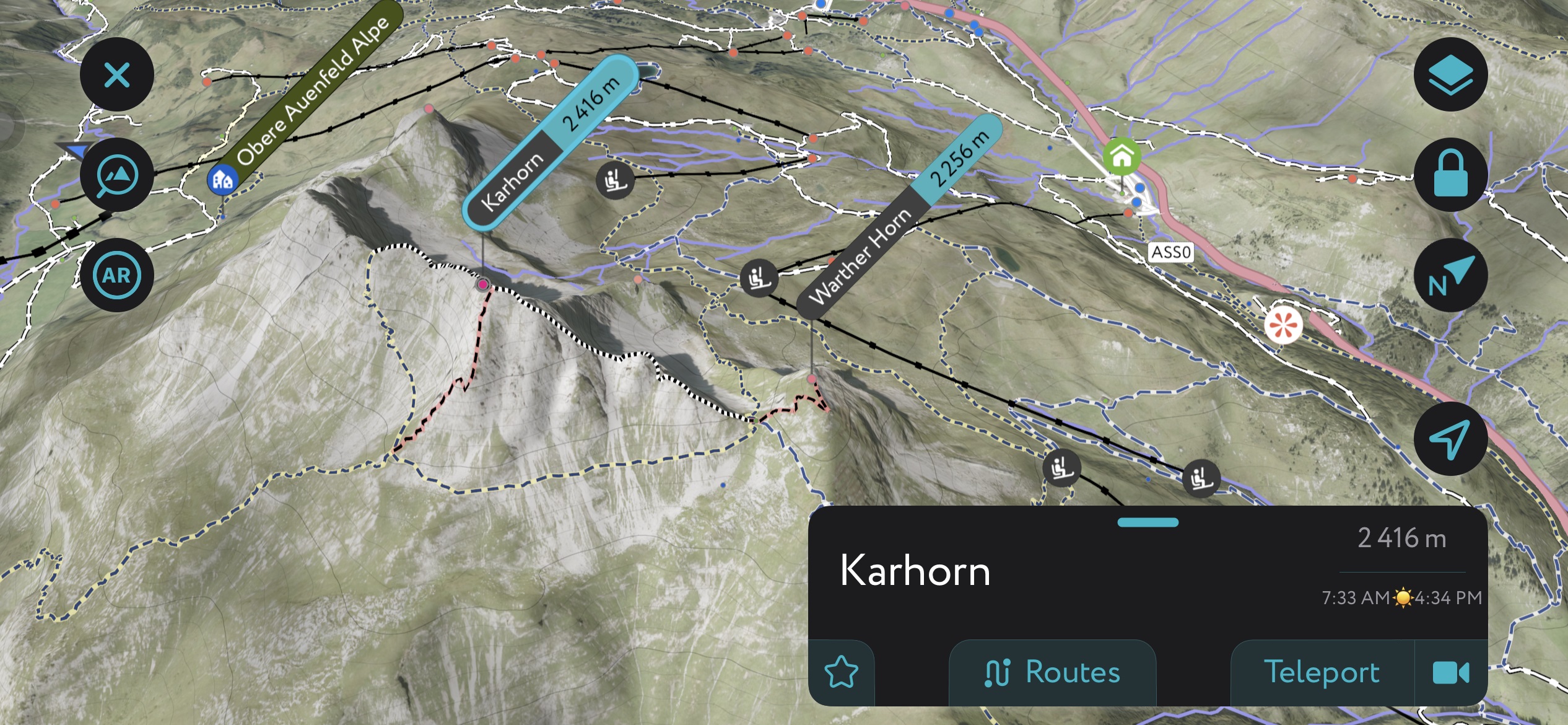 Peakvisor Karhorn route options. Lechquellen Mountains