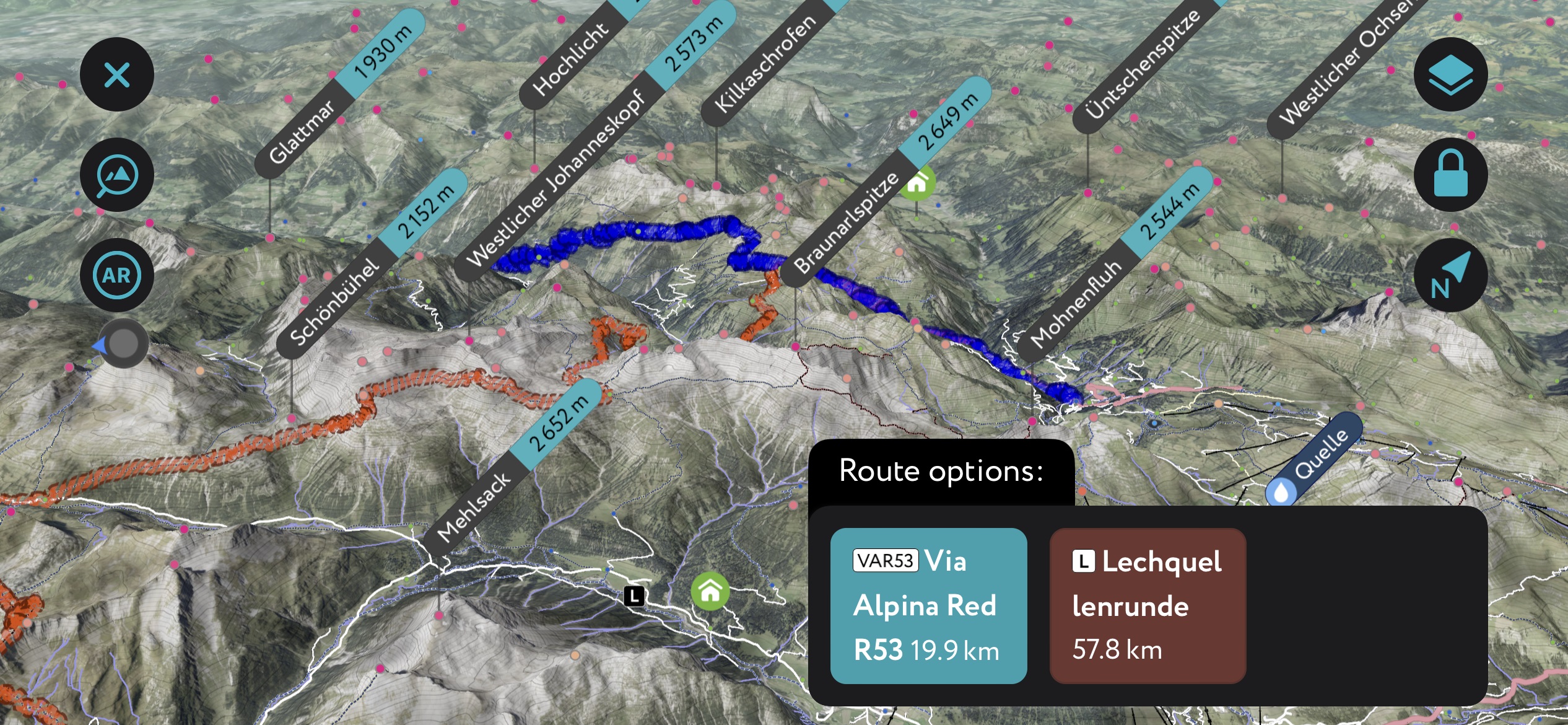 Peakvisor two route options. Lechquellen Mountains