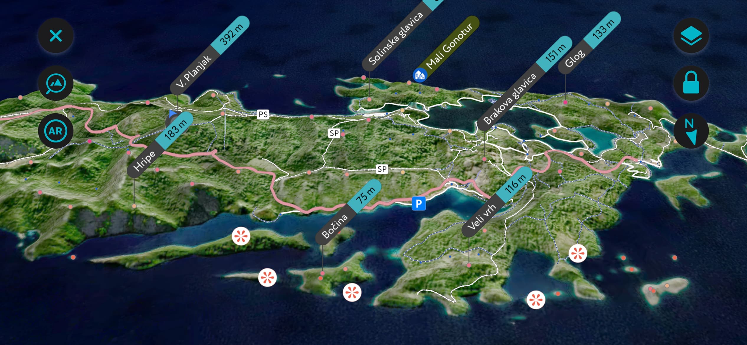 A generation of Mljet National Park using PeakVisor’s mobile app