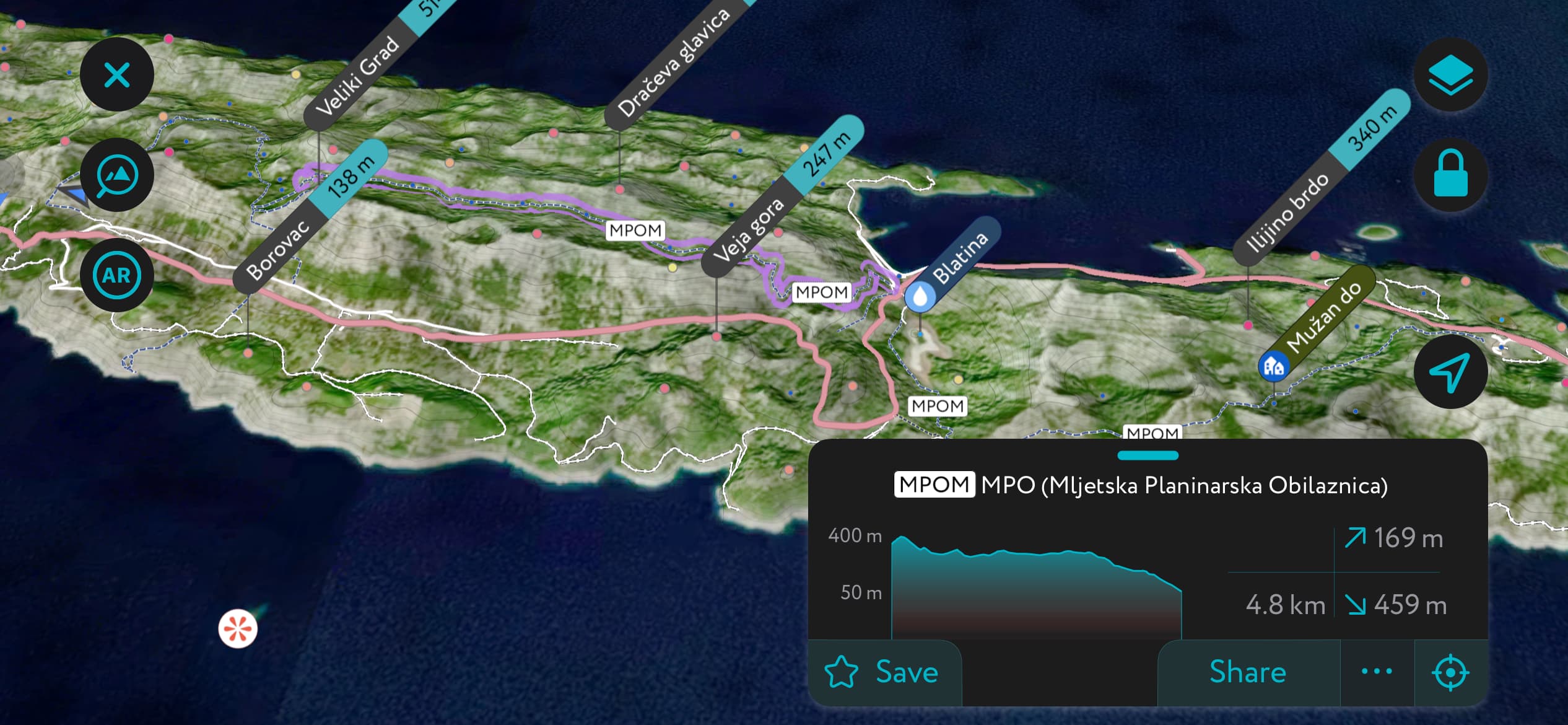 Veliki Grad, A generation of Mljet National Park using PeakVisor’s mobile app