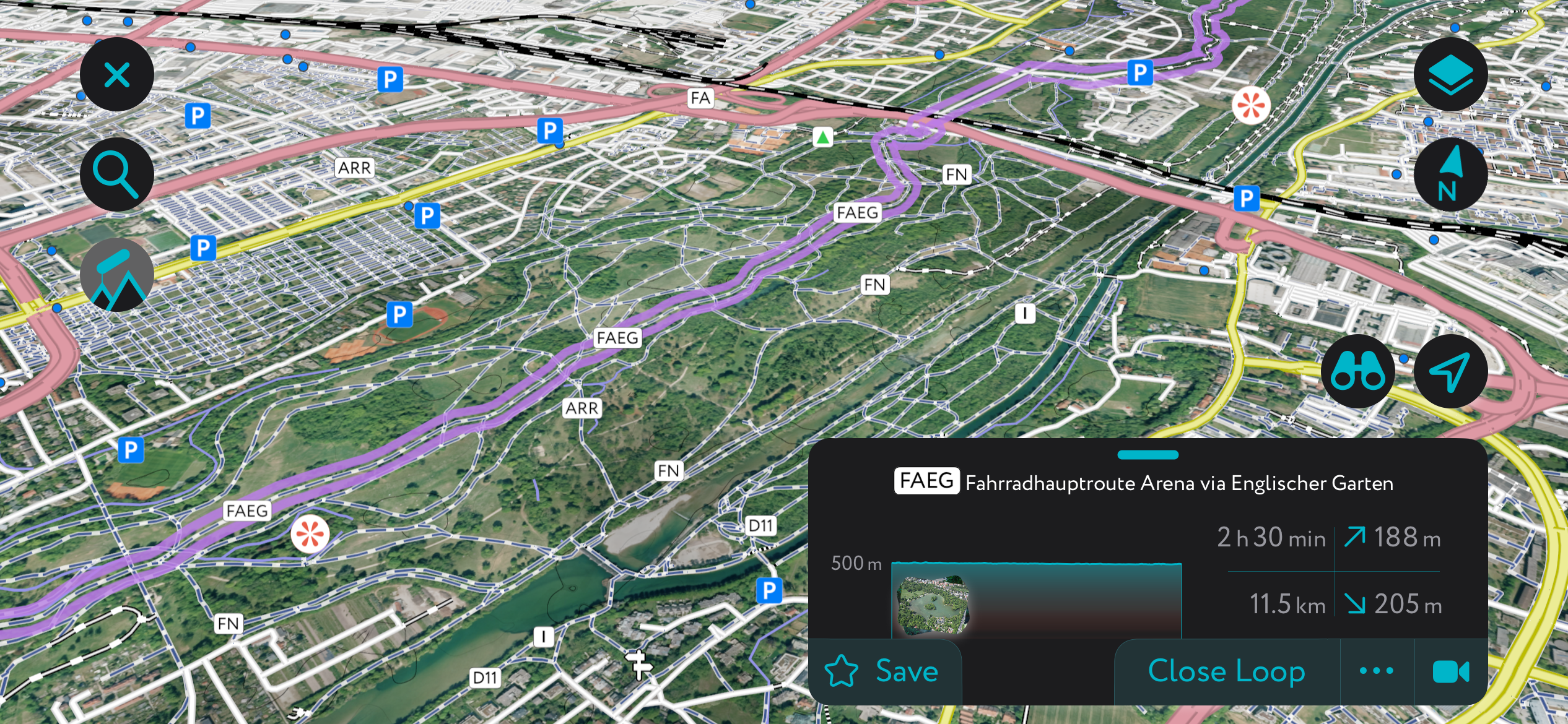 Routes in the Englischer Garten on the PeakVisor app. Munich Mountains