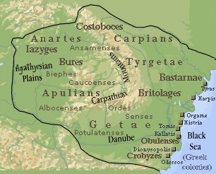 The approximate boundaries of the Dacian Kingdom in 82 BCE. Muntii Tarcu