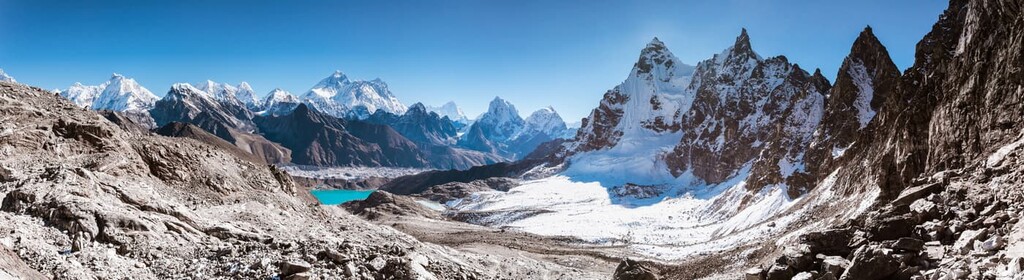 Panoramic view from Renjo La (5,360m) facing to Gokyo Lake and Himalayan Mountains, Nepal