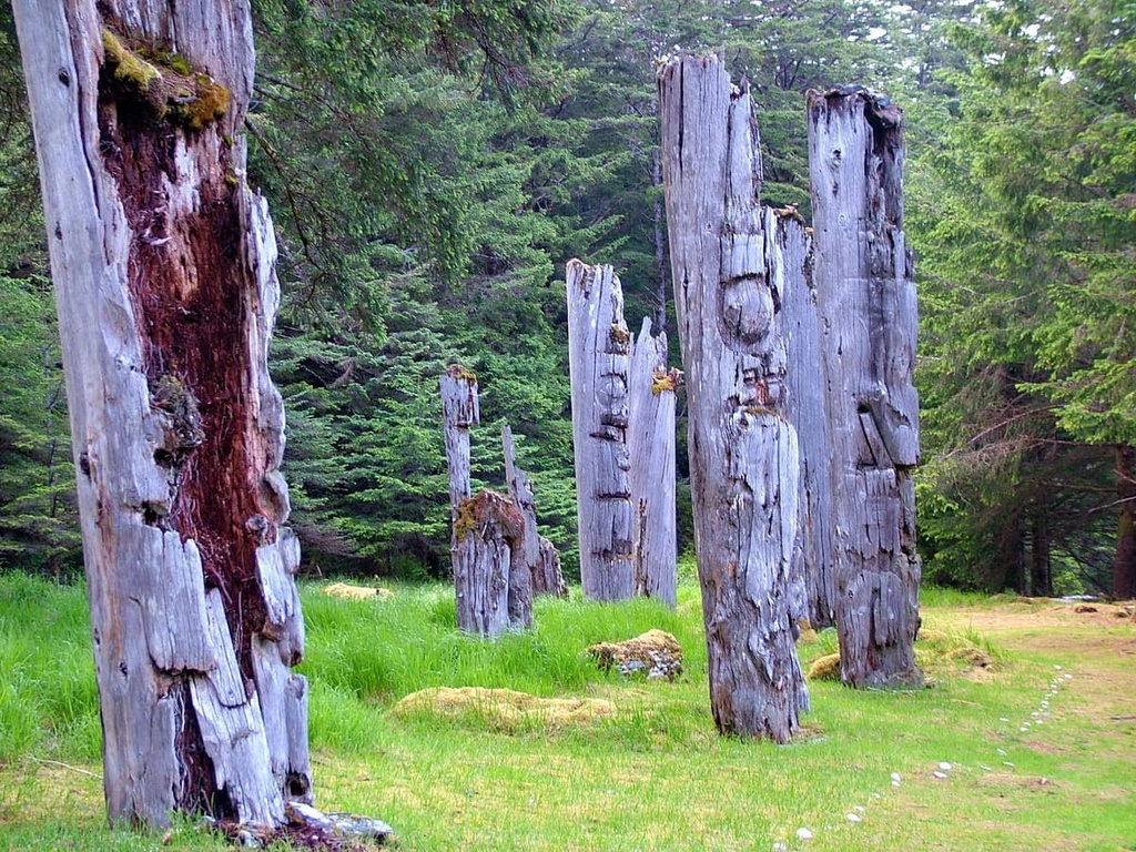 Historic Totem Poles, Ninstints, Haida Gwaii,, North Coast Regional District, Canada