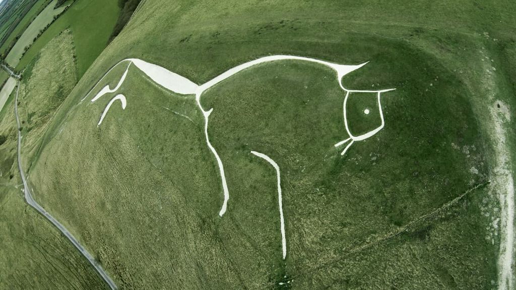 historic Uffington White Horse Chalk figure in Oxfordshire, North Wessex Downs Area of Outstanding Natural Beauty, England