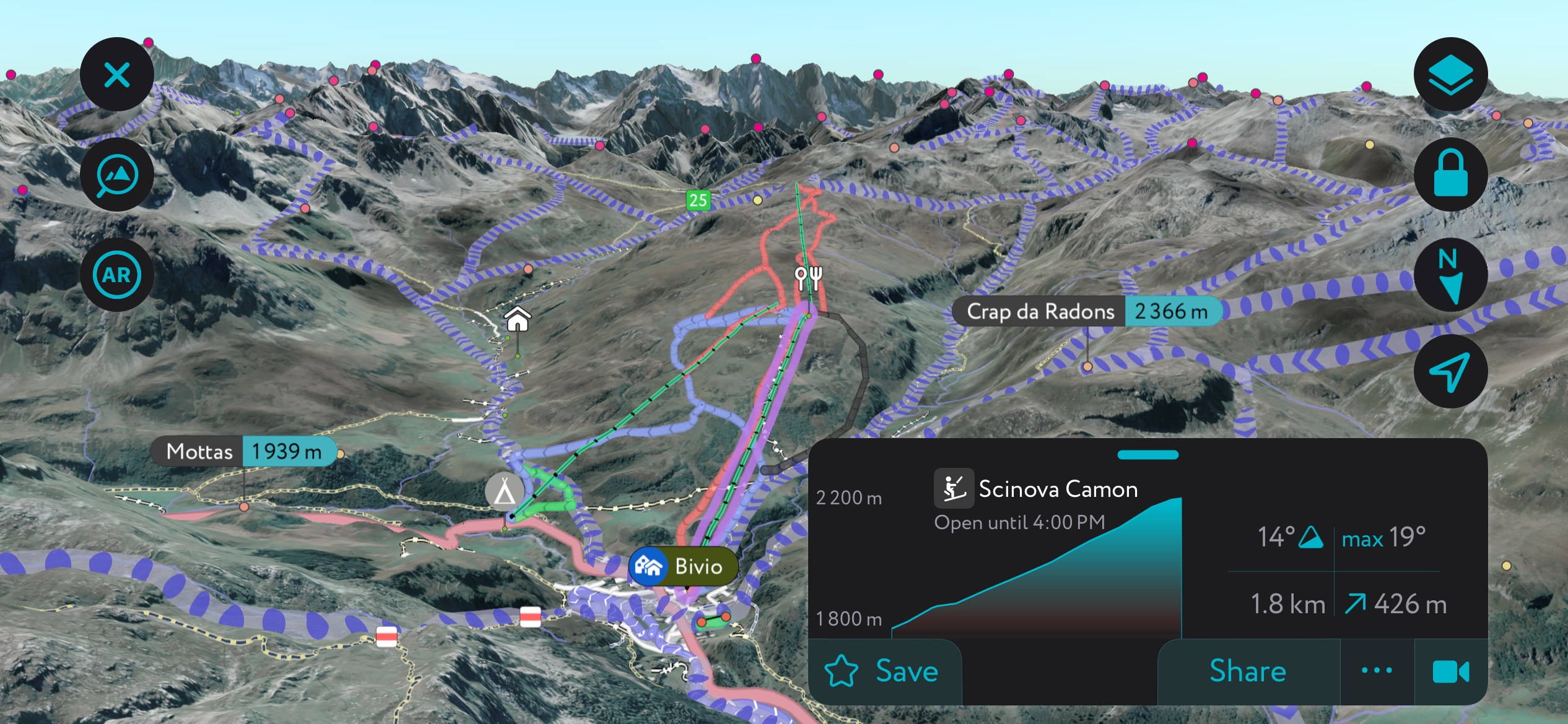 PeakVisor Mobile App Bivio Ski Resort.  Oberhalbstein Alps