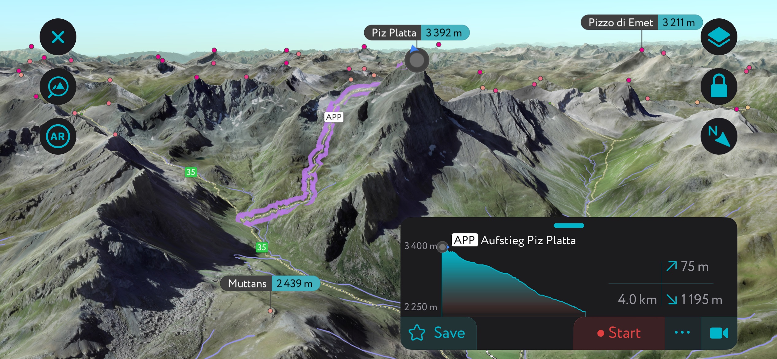 A generation of the Piz Plata standard route using PeakVisor’s mobile app. Oberhalbstein Alps